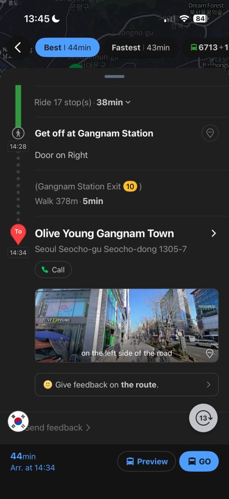 NAVER Map bus route navigation screen in Korea