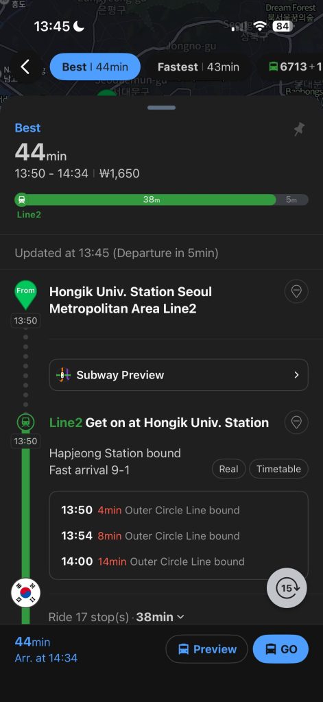 NAVER Map real-time subway information in Korea