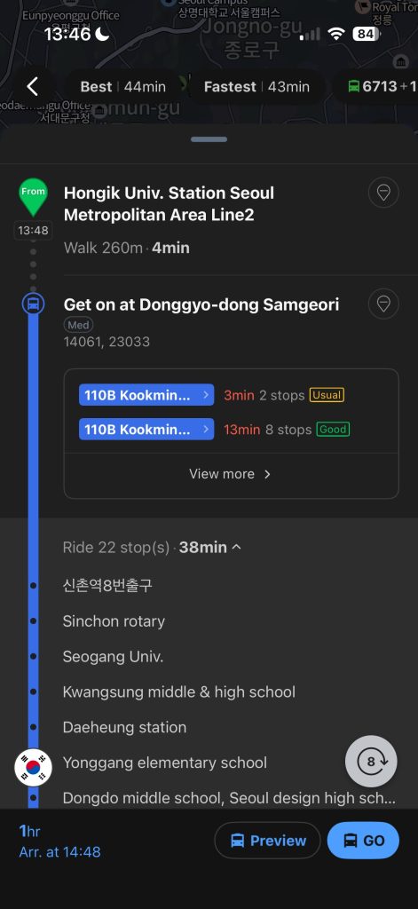 NAVER Map real-time bus arrival information in Korea