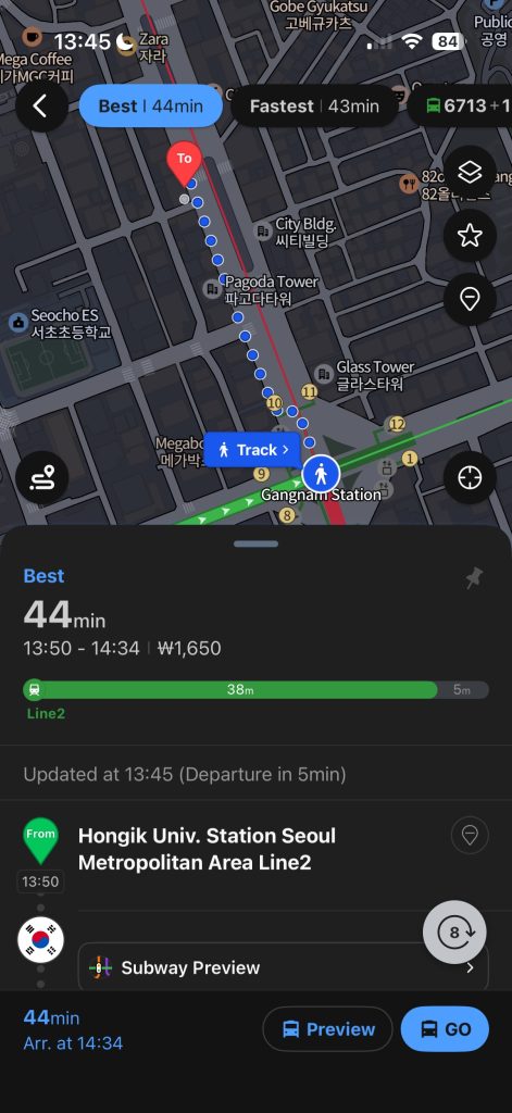 NAVER Map walking navigation in Korea
