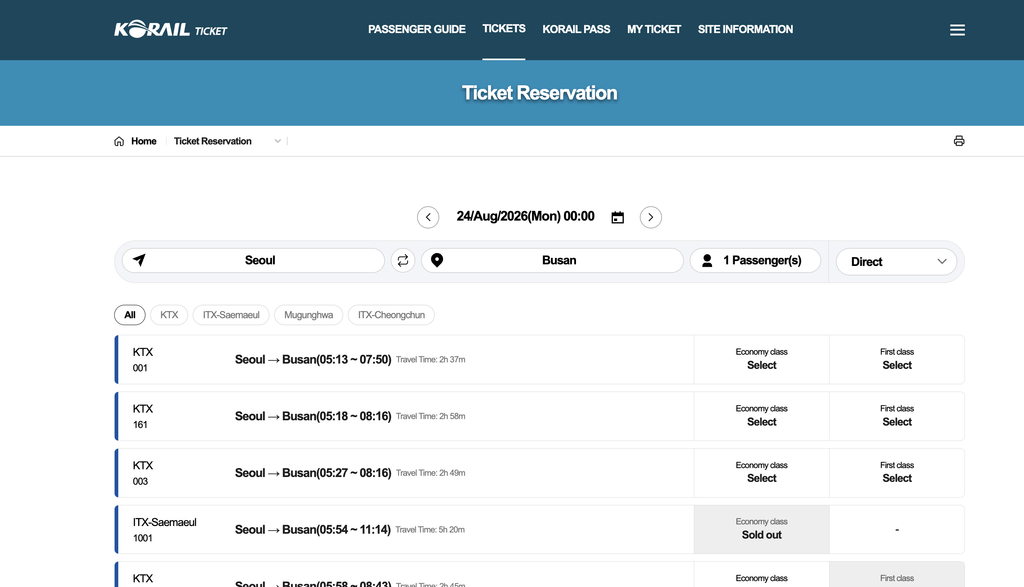 KORAIL English website for booking KTX tickets in Korea