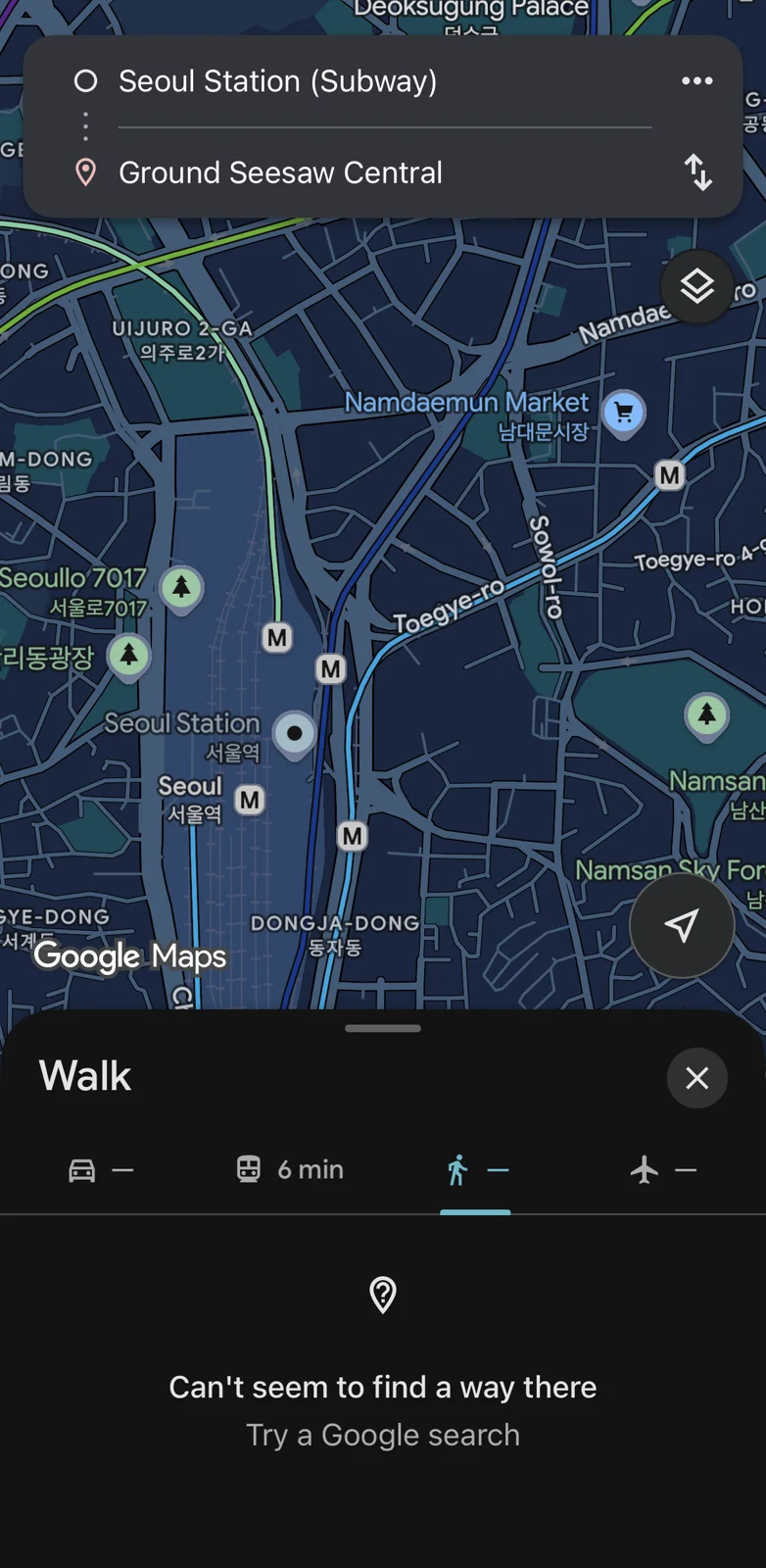 Google Maps walking route unavailable for a tested Seoul route