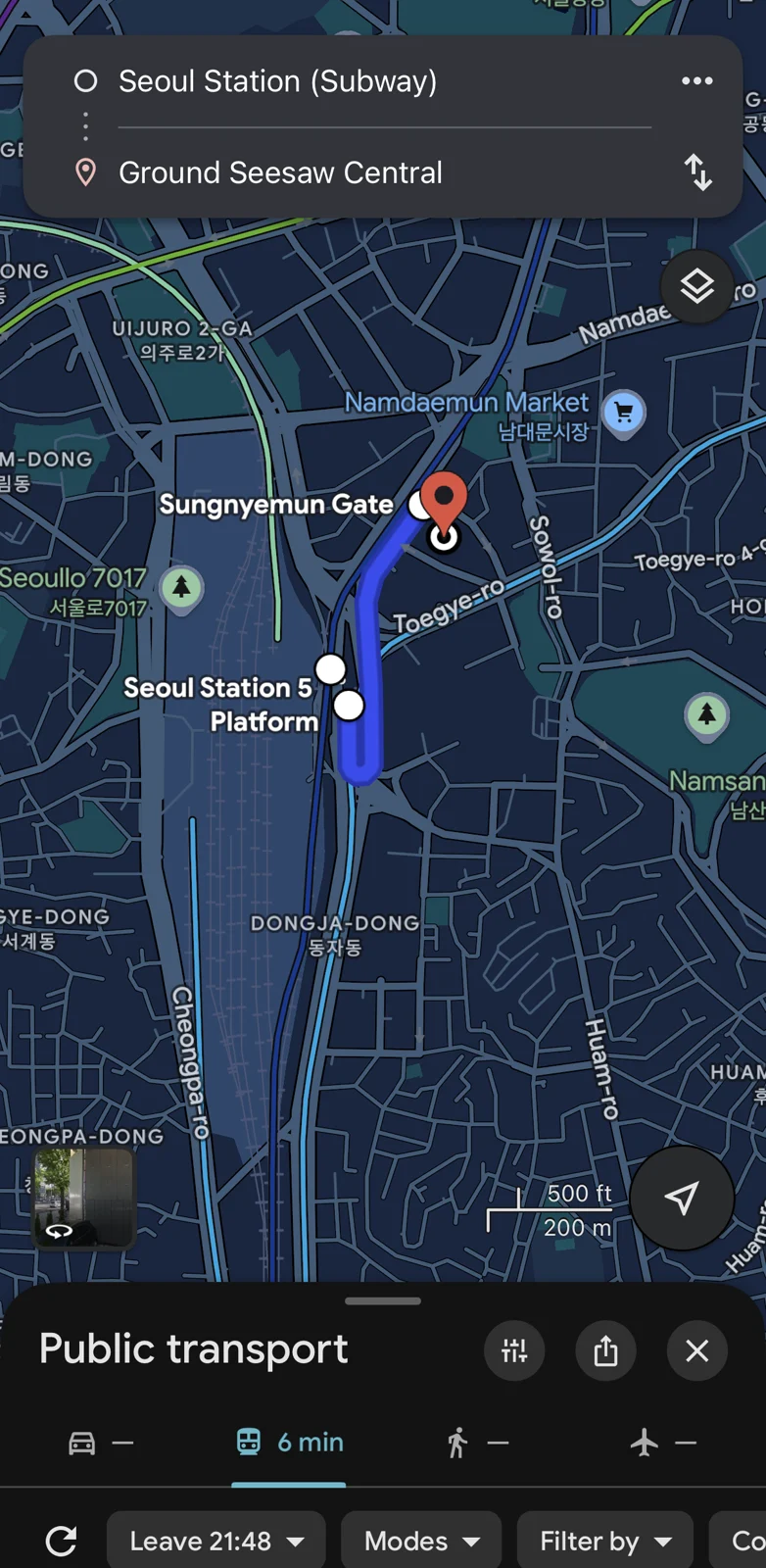 Google Maps public-transit route for a tested Seoul journey