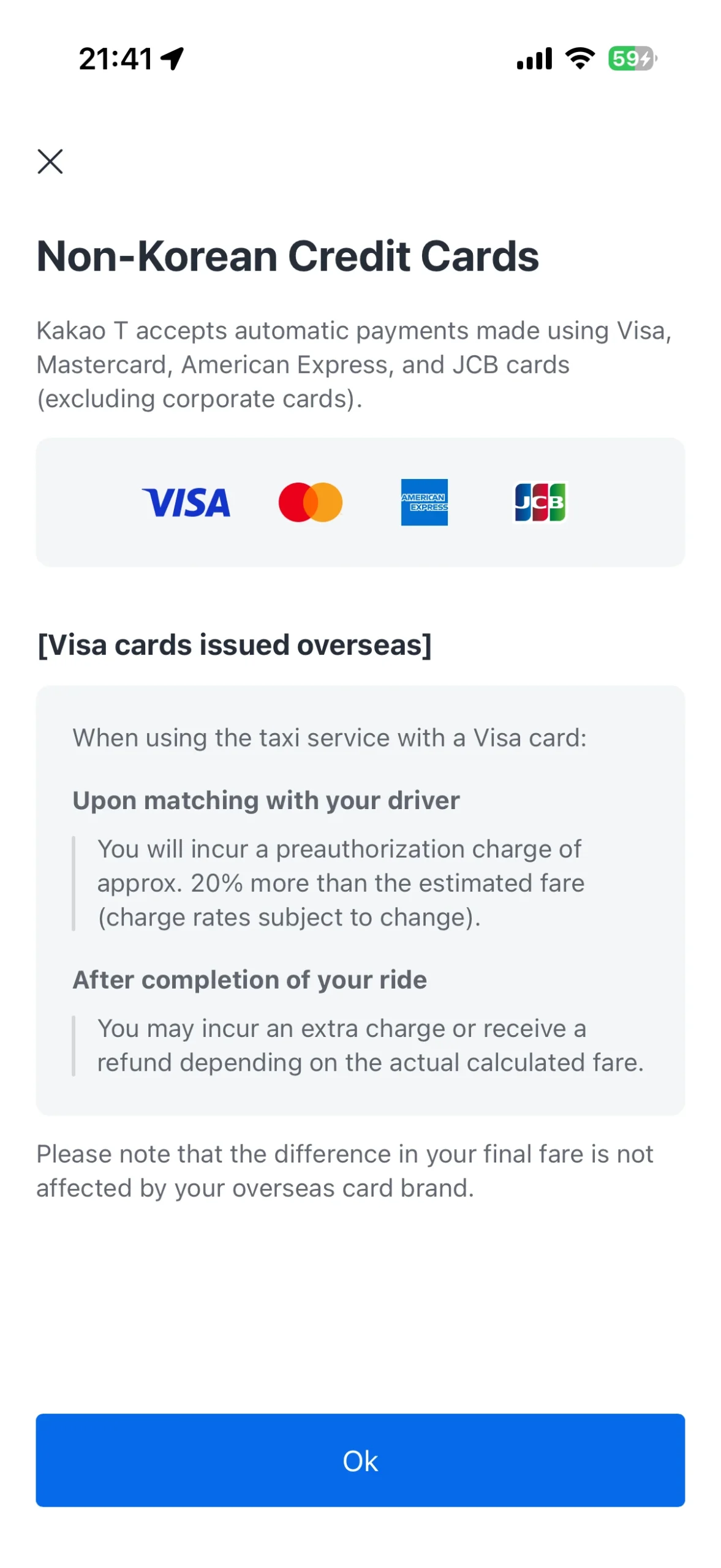 Kakao T English payment screen showing Visa, Mastercard, American Express, and JCB information