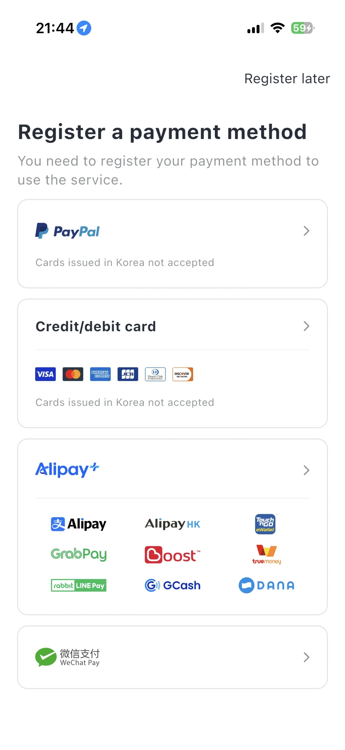 k.ride payment screen showing PayPal, international cards, and mobile-payment options