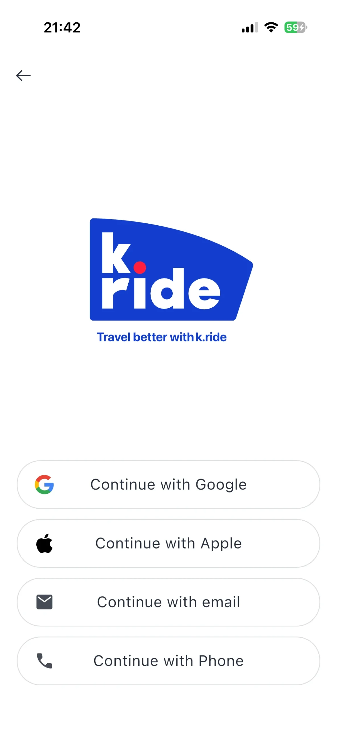k.ride sign-up screen with Google, Apple, email, and phone-number options