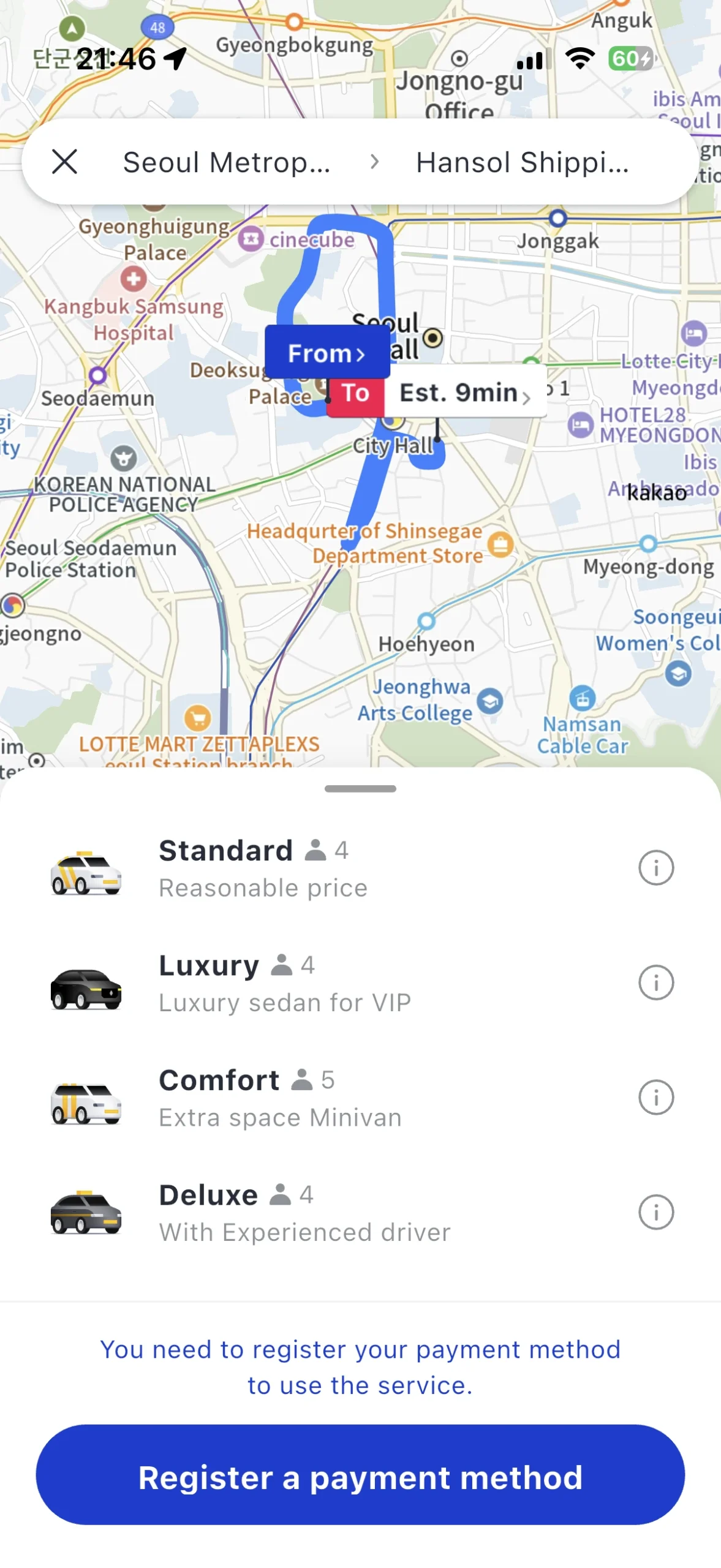 k.ride screen showing Standard and Luxury vehicle choices and a payment-registration notice