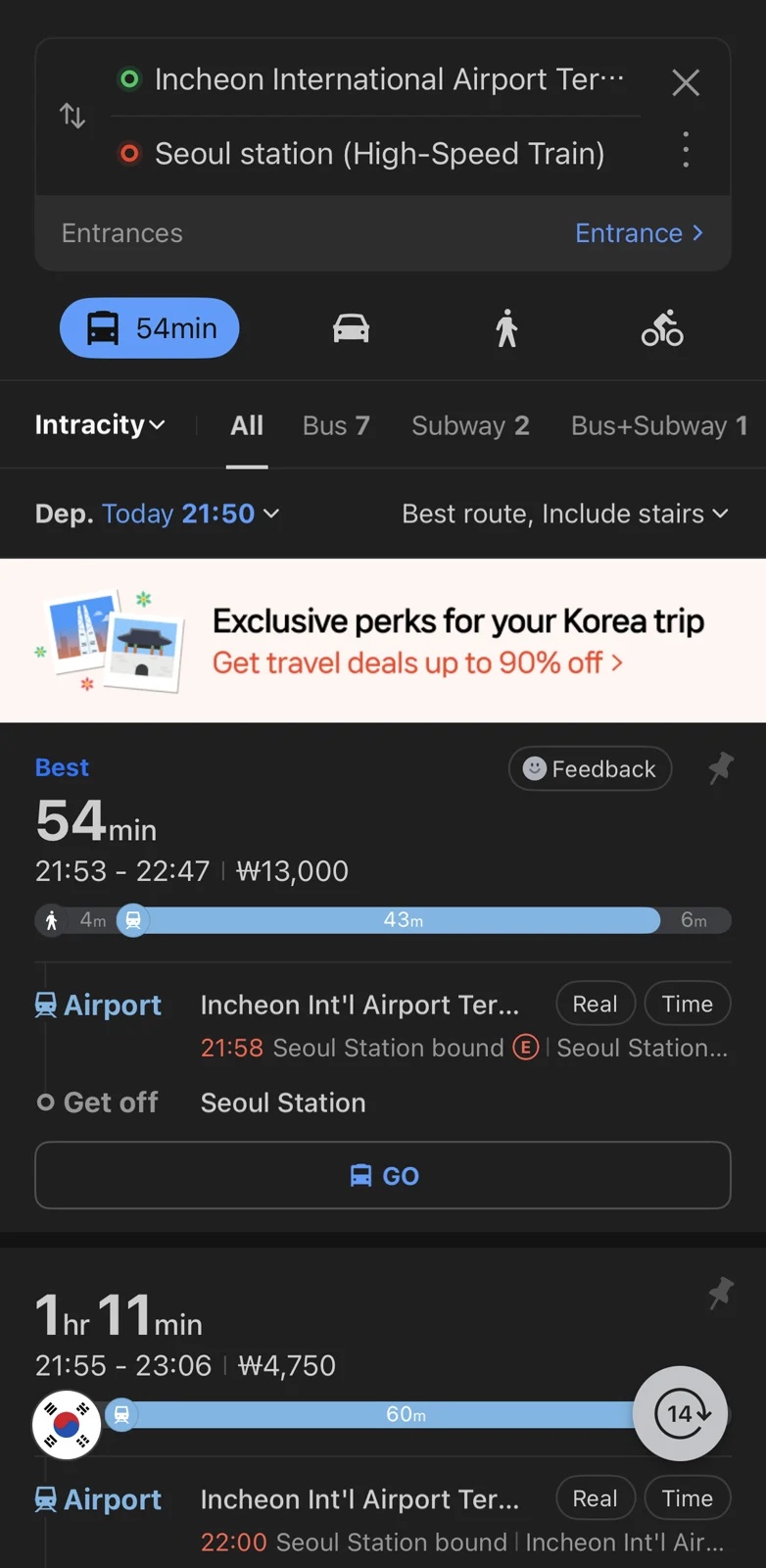 NAVER Map public-transit options from Incheon Airport Terminal to Seoul Station