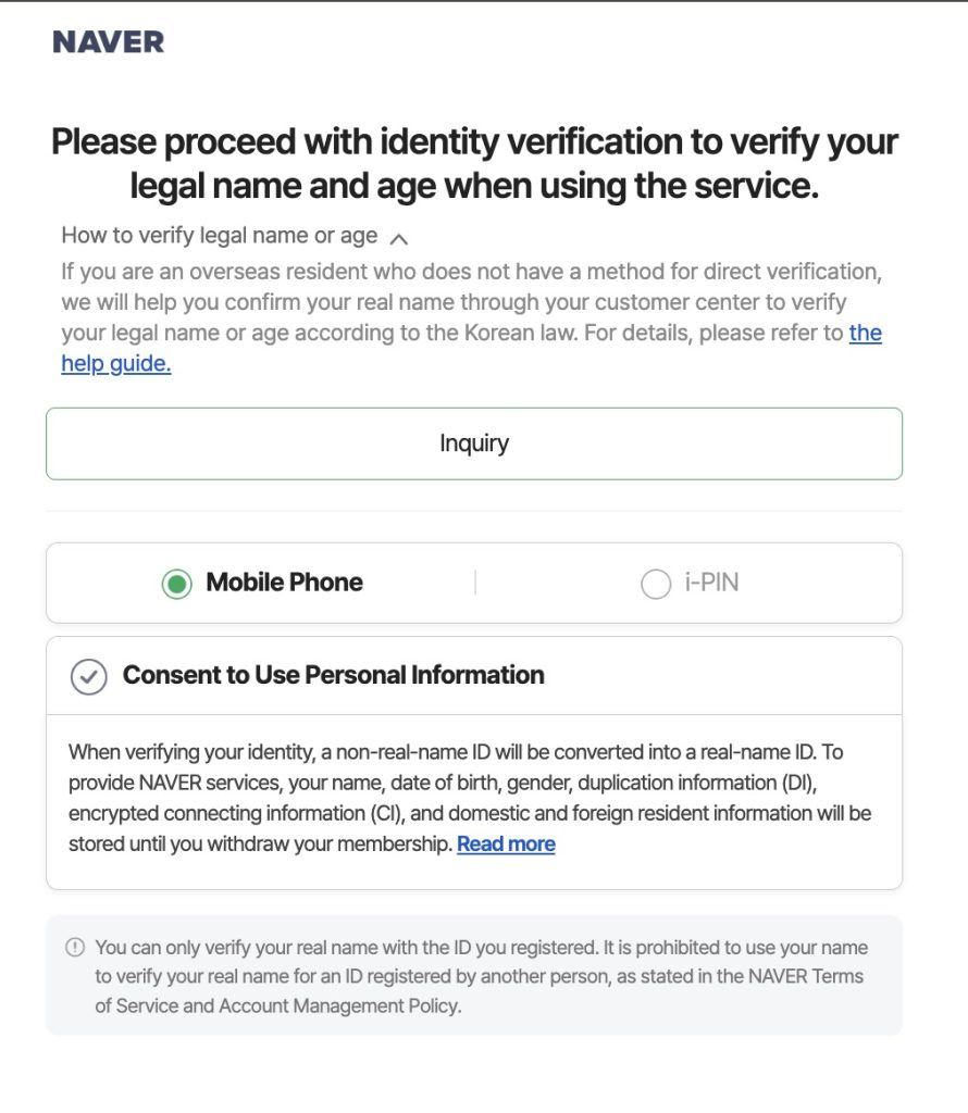 NAVER identity verification options showing Mobile Phone and i-PIN for registered foreigners