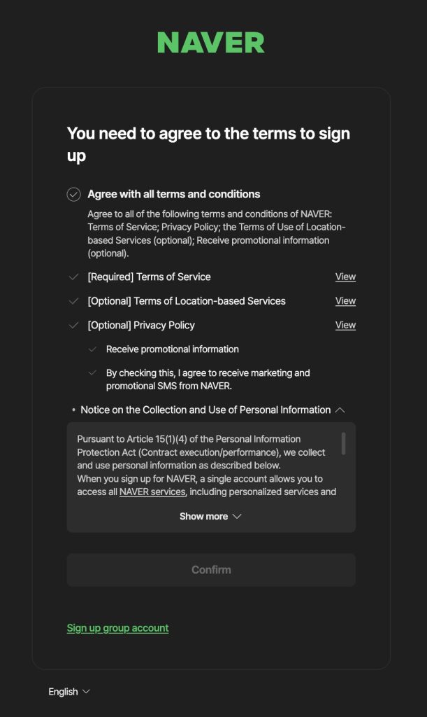 Creating a NAVER account for foreigners: the terms agreement screen shown in English