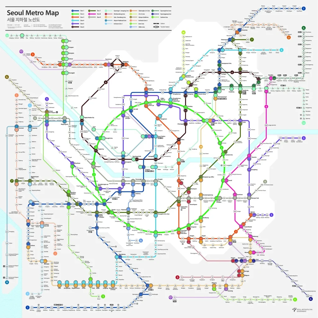 Official Seoul metropolitan subway map showing rail lines and interchange stations.