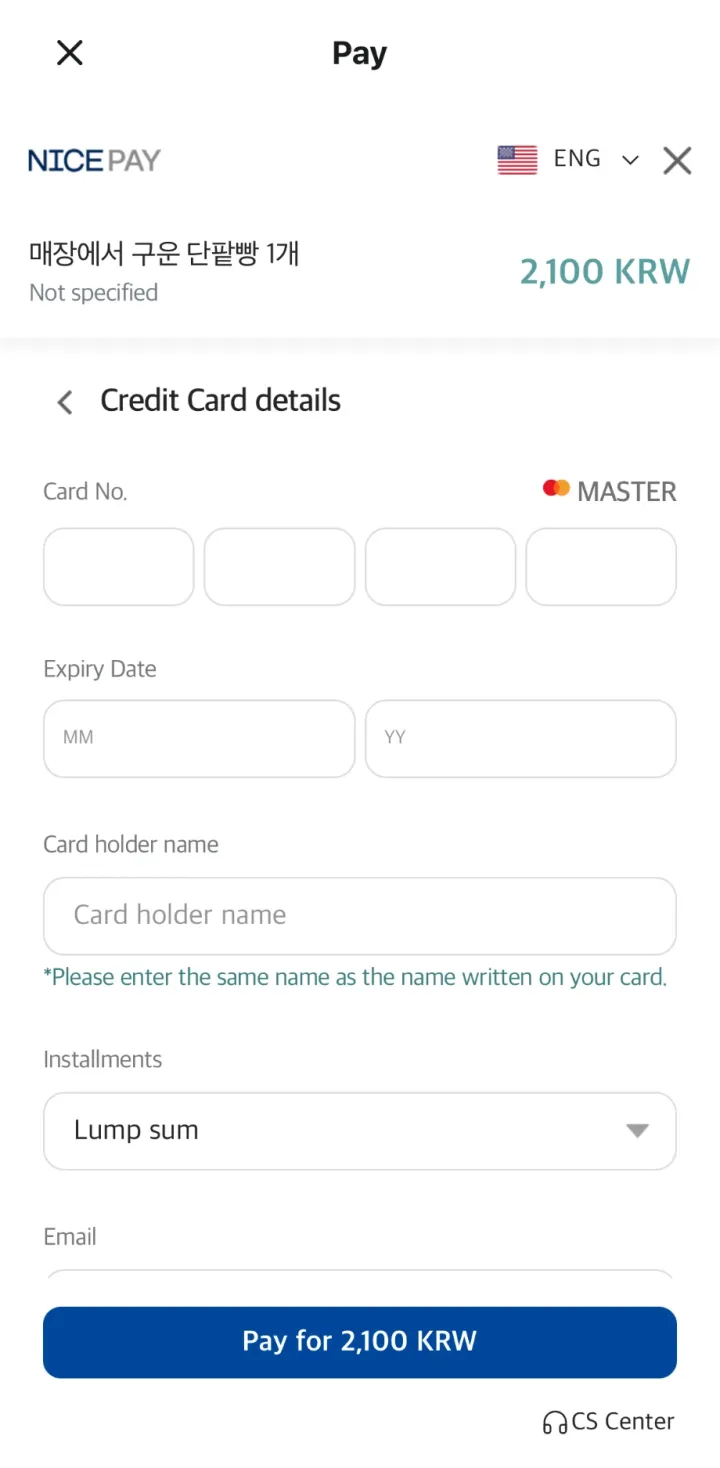 NICEPAY credit card details form with card number, expiry date, cardholder name, installments and a Pay button in Korean won