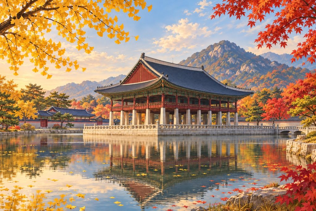 AI-generated illustration inspired by Gyeongbokgung Palace in autumn