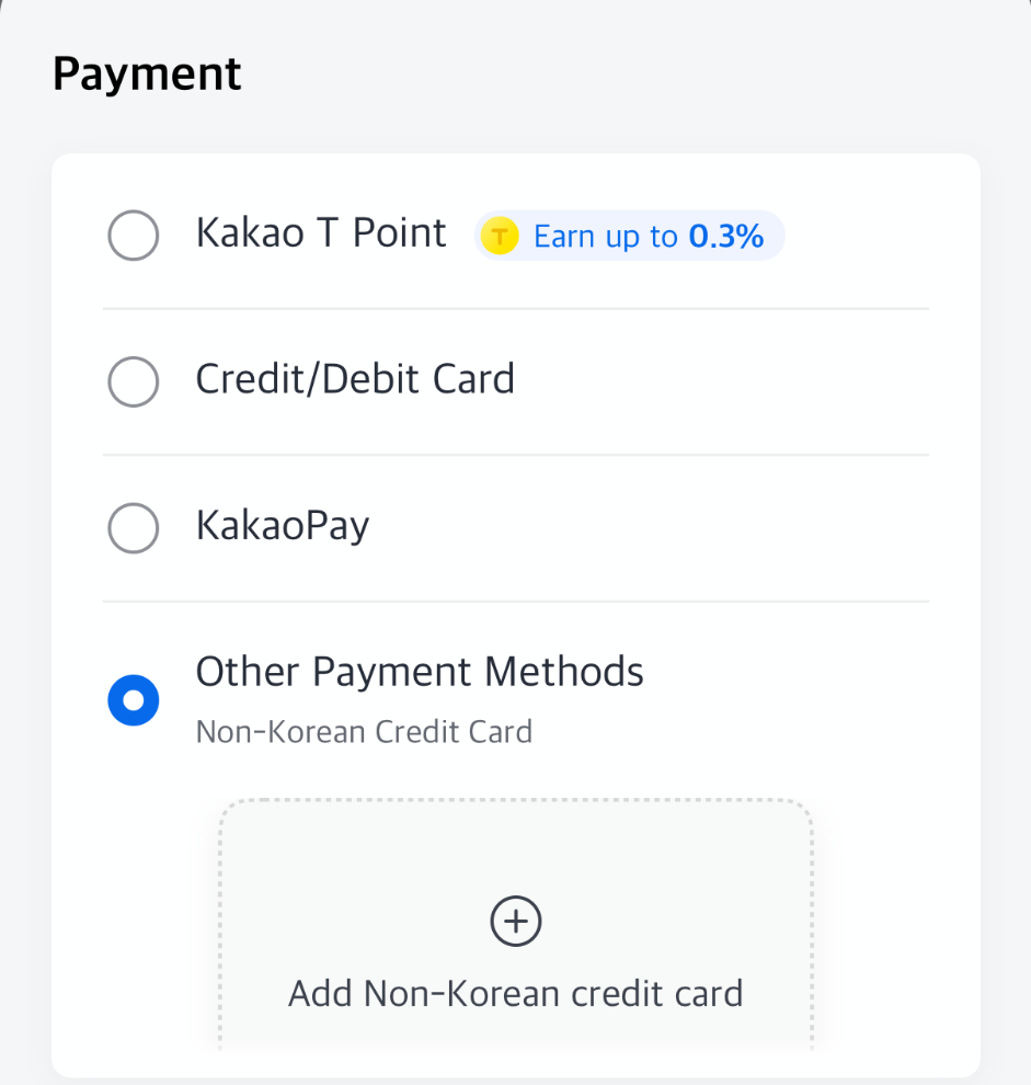 Blue Partners payment menu showing Non-Korean Credit Card under Other Payment Methods, with no Pay to the driver option displayed.