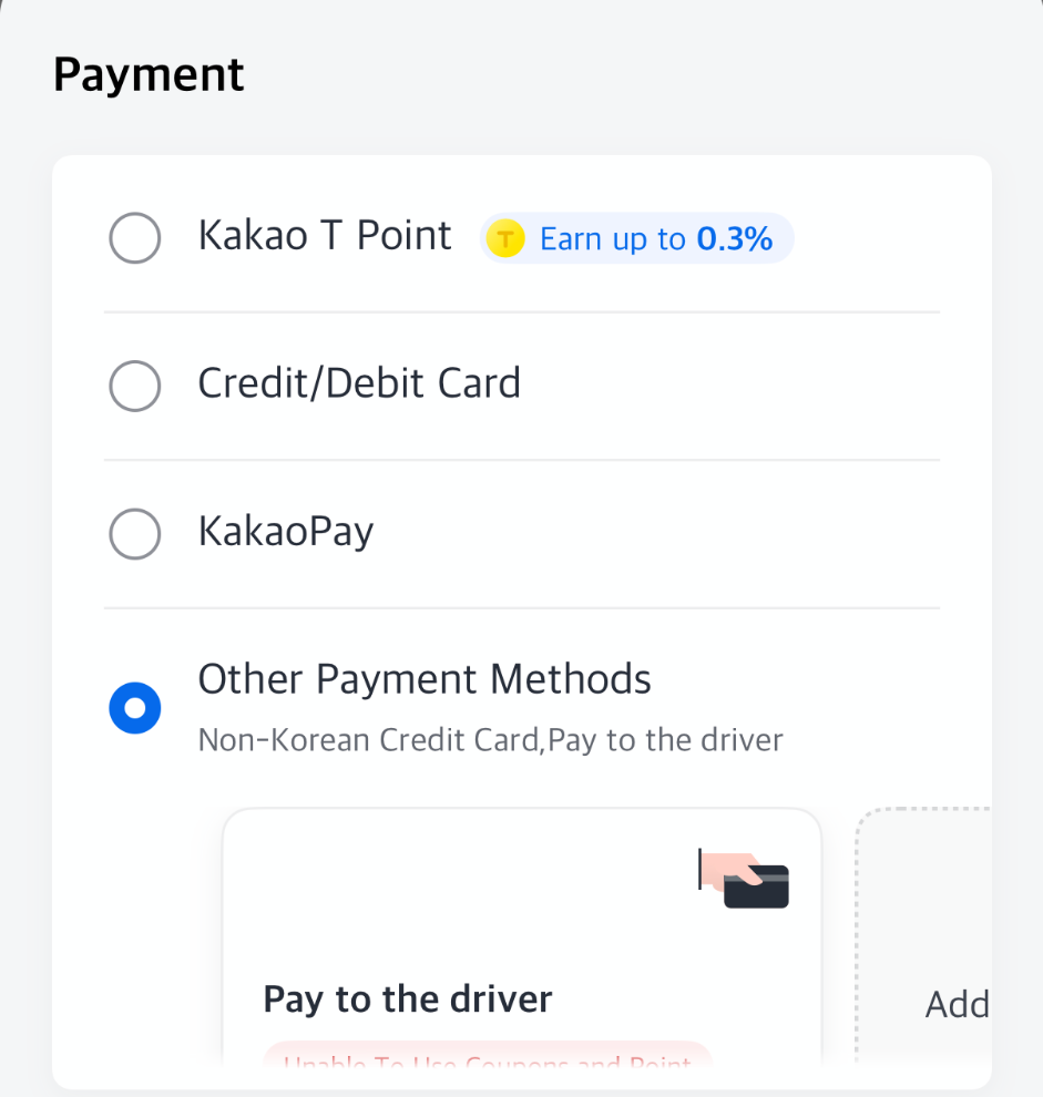 General Request payment menu showing Non-Korean Credit Card and Pay to the driver under Other Payment Methods.