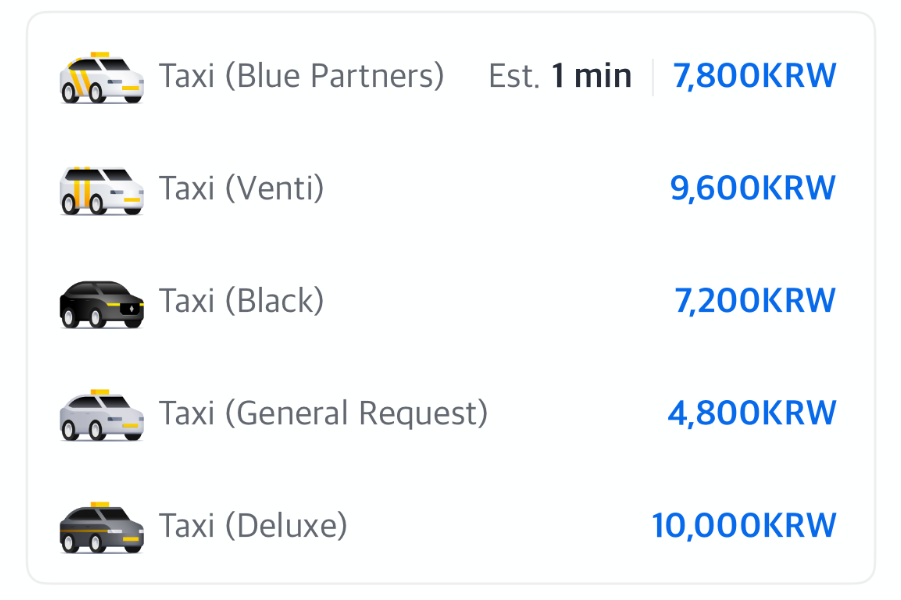 Kakao T taxi-type list showing Blue Partners, Venti, Black, General Request and Deluxe.
